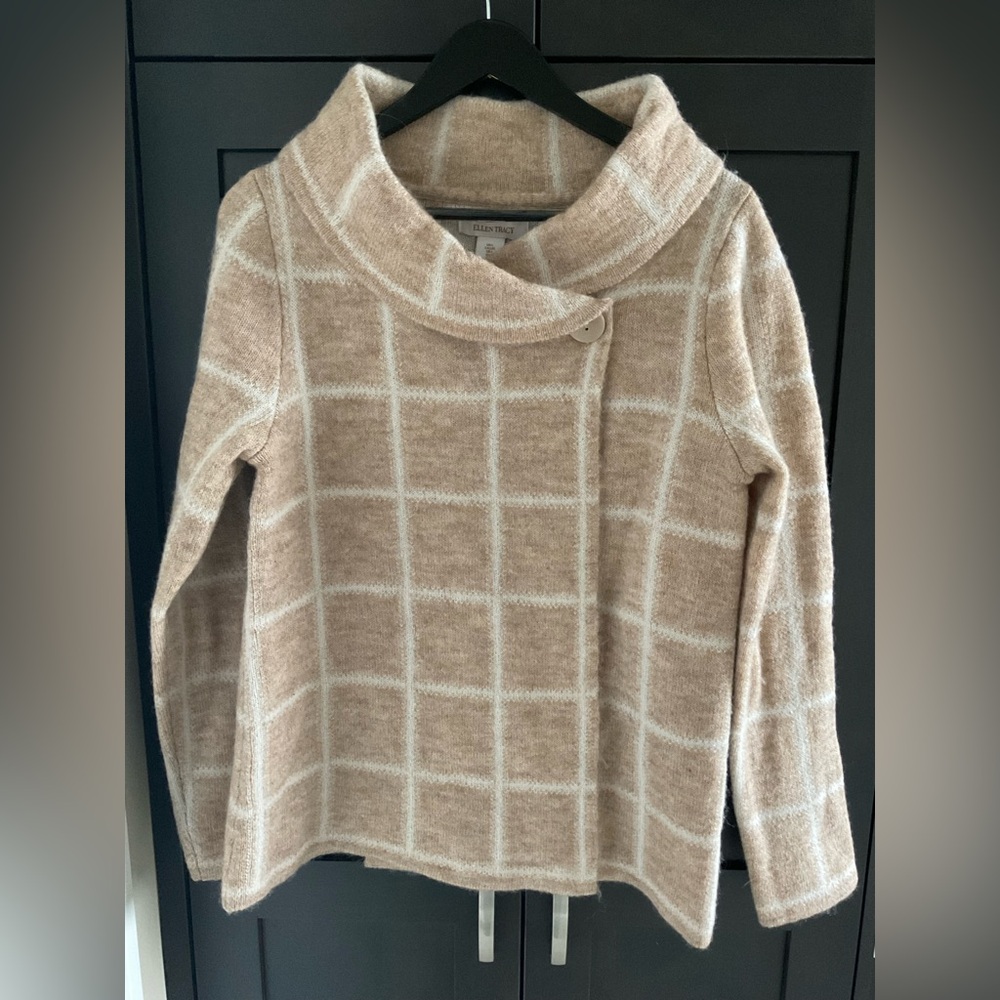 🌟 🤎 Ellen Tracy Wool Blend Camel Cream Checkered Button Cardigan Sweater L EUC